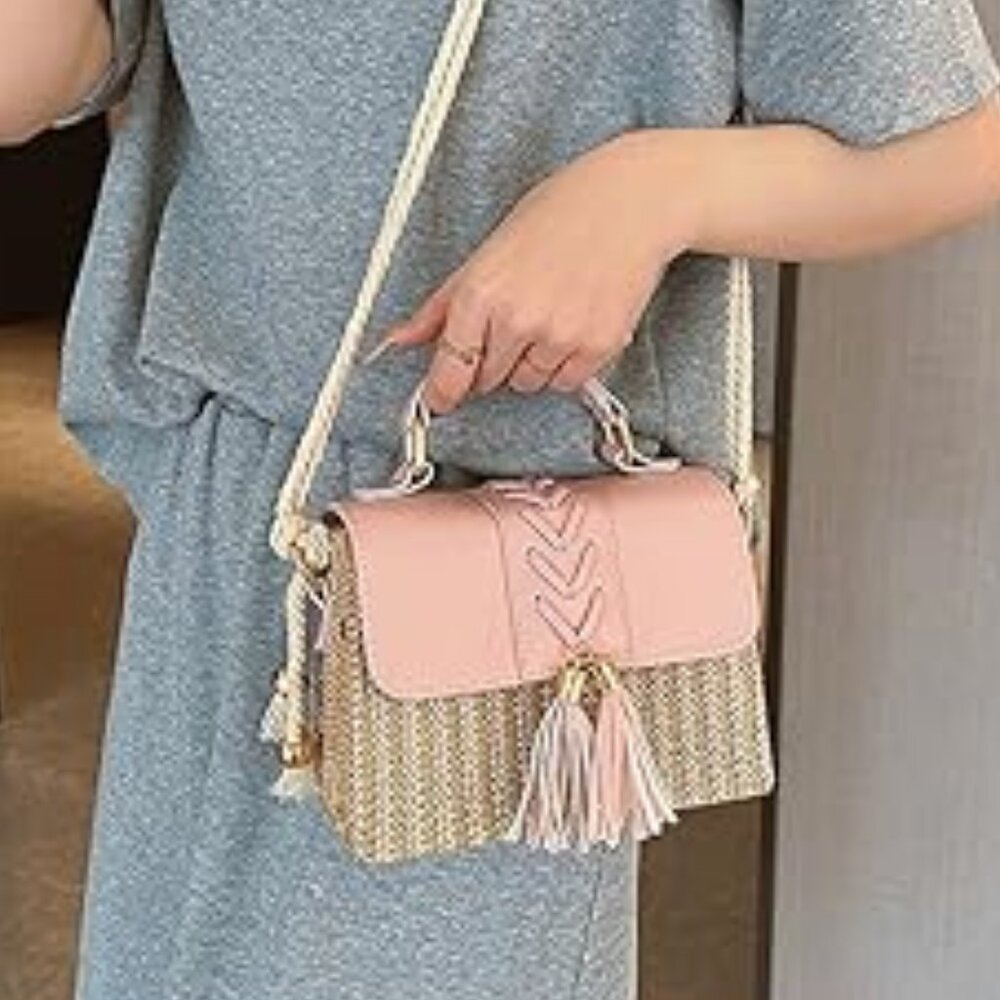 Neiman Marcus Pink Straw & Leather Flap Gold Hardware Crossbody - Picture 4 of 5